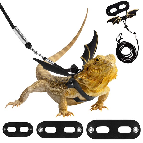 Pawaboo 3 Pack Harnais de Dragon Bardu Laisse Réglable de Lézard, Harnais de Reptile en Cuir, avec Ailes de Chauve-Souris, Harnais pour Petits Animaux Amphibiens Lézards Reptiles, S&M&L – Noir+Or