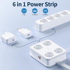4-Way Power Strip USB C 45 W NTONPOWER 2500 W GaN Multiple Socket USB Power Strip Wall Mounted 1.6 m Distribution Socket Strip 10 A with Switch for Travel Work, White