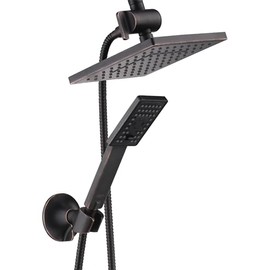 BRIGHT SHOWERS Rain Shower Head with Handheld Spray, 8 Inch Rainfall Shower Head Combo with 60" Hose, Adjustable Dual Square Showerhead Set with 3-Way Diverter, Wall Bracket, Oil-Rubbed Bronze
