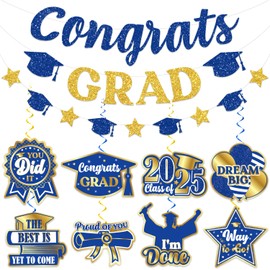 Blue and Gold Graduation Decorations 2025, Graduation Decorations Class of 2025 Blue and Gold includes Glitter Congrats Grad Banner Garland, class of 2025 Hanging Swirls
