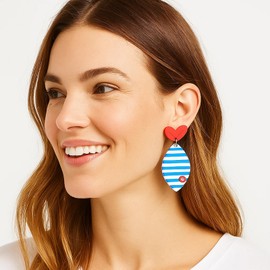 Fish Acrylic Earrings, Ocean Blue Striped Print Fish Tail Red Love Heart Design Stainless Steel Hooks For Beach Vacation Casual & Formal Wear for Women Jewelry Gifts (Fish)