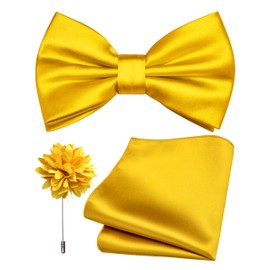 Branduce Yellow Bow Tie for Men Wedding Solid Satin Silk Bowties Pocket Square and Lapel Pin Brooch Set (BB07-13)