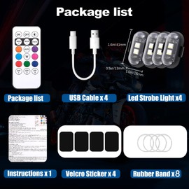 4PCS Wireless LED Lights with Remote Control, Strobe Lights 8 Colors USB Charge IP65 Waterproof Anti-Collision for Car Motorcycle Aircraft Bike, Black