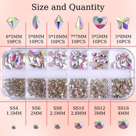 RODAKY White AB Nail Rhinestones for Nails 860Pcs Nail Art Crystal Gems Stones White AB Crystal Flatback Rhinestones for Crafts Mixed Shapes Size Nail Diamond Design Charms DIY Crafts Jewelry Decor