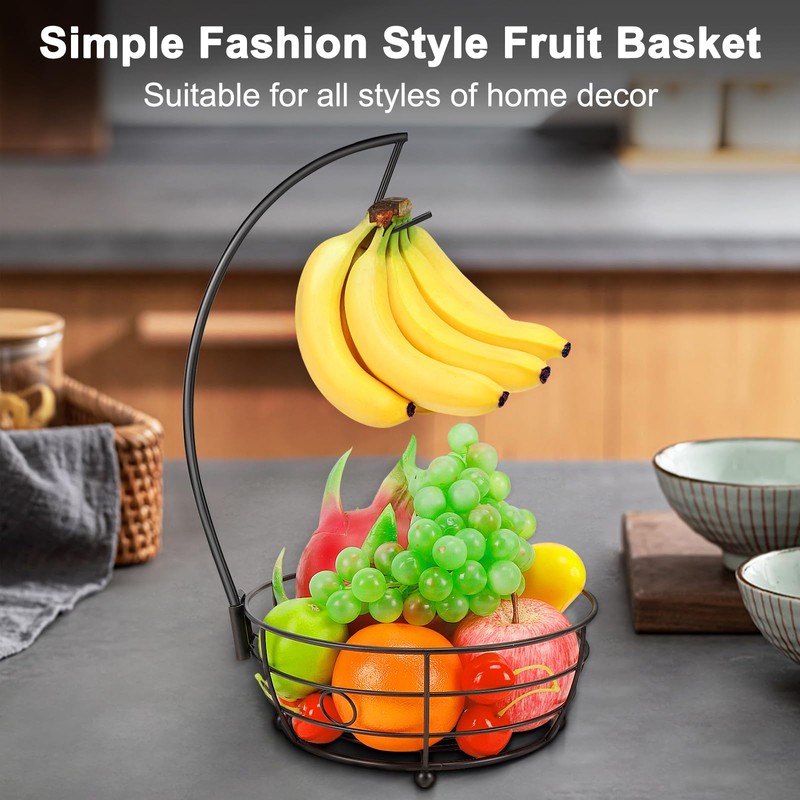 Livabber Countertop Fruit Basket Bowl with Banana Hanger, Modern Standing