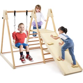 Costzon Indoor Jungle Gym, 5-in-1 Foldable Montessori Climbing Toys for Toddlers with Slide & Adjustable Swing, Climbing Ramp & Ladder, Resting Area, Wooden Playground Climber Playset for Kids Gifts