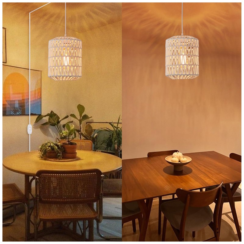 Plug in Pendant Light, Rattan Hanging Lights with Plug in