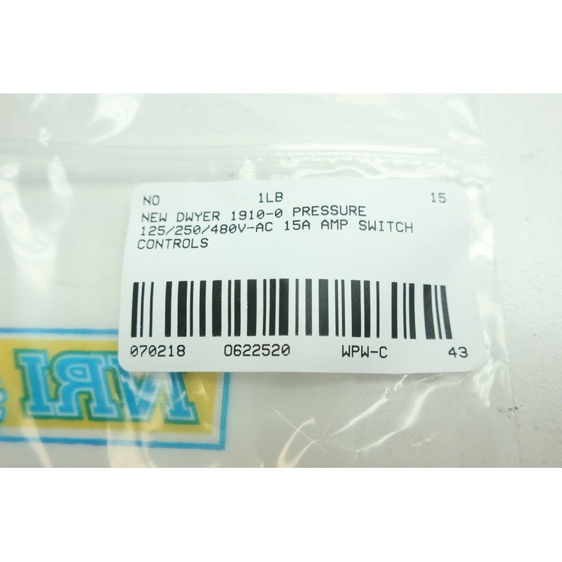 DWYER 1910-0 Pressure Switch 125/250/480V-AC 15A AMP D622520