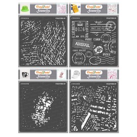 CrafTreat Reusable Grunge and Newsprint Mixed Media Stencils 6x6 Inch Pack of 4 for Painting on Wood, Canvas, Paper, Fabric, Wall and Tile - Scratches, Postal, DIY