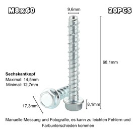 ORTAVA Concrete Screws Hex Head M8 x 60, Pack of 20 Concrete Screws Galvanised with Washer for Masonry, Concrete, Architecture, Industry