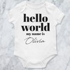 Personlised Hello World My Name is Annoucement Babygrow Babies Arrival