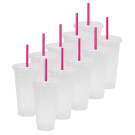 Vasos de Plastico Reusable Set de 10, 20, Y 50 Vaso con Popote y Tapa de 24 oz tipo Termos para Cafe (Vaso tipo Termo Reusable/Plastic Cup) (10, TRANSPARENTE GLITTER)