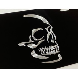 Skull New Logo Car Tag Diamond Etched on Black Aluminum License Plate