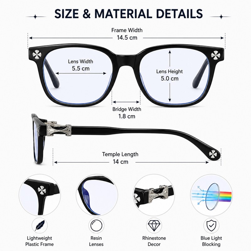 Oversized Blue Light Glasses for Women – Rhinestone Decor Computer