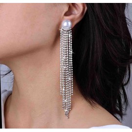 Long Rhinestone Earrings Silver Wedding Earrings Brides Sparkle Crystal Dangle Earrings Party Diamond Prom Earrings Pearl Bridal CZ Drop Earrings Tassel Chain Statement Earrings Jewellery for Women