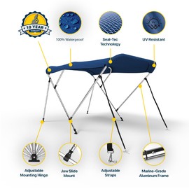 Seal Skin Covers 3 Bow / 4 Bow Bimini Top for Boats, Marine Grade Waterproof Canopy Cover with Frame, Durable Sun Shade Cover, Mounting Hardware, Rear Straps & Storage Boot (6'L x 67-72" W x 54" H)