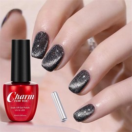 VERONNI Glitter Black Magnetic Gel Nail Polish,Reflective Cat Eye Nail Gel Polish Diamond Nail Polish Shiny Soak Off UV LED Gel Black Color 10ml For Nail Art (12 Black)