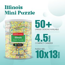 Geotoys Illinois Mini State Puzzle – 100 Piece Puzzles for Kids and Adults in Portable Can, 13" x 10" Educational Travel Puzzle for Ages 7 and Up – Mini Puzzles to Learn & Explore Geography