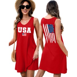 4th of July Dress for Women: American Flag Tank Dresses Star Striped Splicing Loose V Neck Sundresses Red