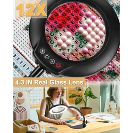 12X Real Glass Magnifying Glass with Light, 5 Color Modes Stepless Dimmable, Flexible Goose-Neck LED Hands-Free Desk Lamp, Stand Lighted Magnifier for Crafts, Sewing, Reading, Painting, Close Work