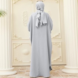 IDOPIP Muslim Dresses for Women Long Sleeve Islamic Ramadan Abaya Dubai Kaftan Robe Loose Maxi Casual Full Cover Abayas Eid Modest Arabic Prayer Dress Clothes Gray One Size