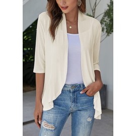 Bluetime Women Casual Lightweight Open Front Cardigans Soft Draped Ruffles 3/4 Sleeve Cardigan (XXL, New-Beige)