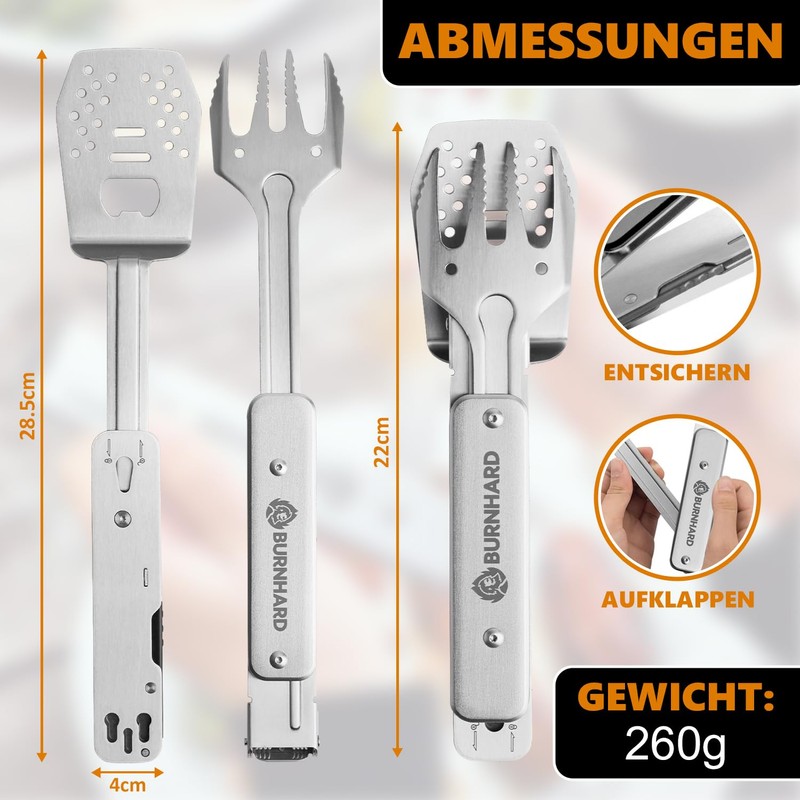 BURNHARD 4-in-1 Barbecue Utensils Multitool Including Barbecue Turner, Grill Fork,