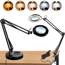 VEVOR 5X Magnifying Glass with Light and Stand, 【Upgraded】 5 Color Modes Stepless Dimmable, 4.3" Glass Lens Magnifier Desk lamp, 2-in-1 Magnifying Light and Stand for Crafts, Reading, Close Work