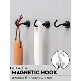 ATEWEITA Neodymium Magnetic Hooks, Extra Strong Magnets with Hook, Pot Magnet Power Magnets for Camping, Cruise, Office, Kitchen, Fridges, Magnetic Grill Magnetic Hook for Locker Organiser (Black, 25