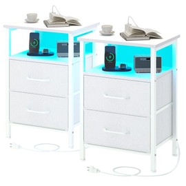 TRIFEBLE Nightstands Set of 2, Night Stand with Charging Station and Led Lights, Bedside Table with 2 Fabric Drawers for Bedroom, Small Side End Table with Open Shelf, White