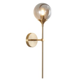 BOKT Brushed Brass Gold Wall Mounted Sconce Mid Century Modern Globe Wall Light Fixture Vintage Long Pole Arm Wall Lamp Smoke Gray Glass Wall Sconce Lighting (Smoke Gray)