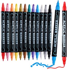 12 Colors Dual Tip Acrylic Paint Markers, Premium Dot & Fine Tip Coloring Paint Pens for Rock, Wood, Fabric, Canvas, Glass, Paper, Ceramic, Scrapbook, Vision Board and DIY Crafts Supplies Art Gifts