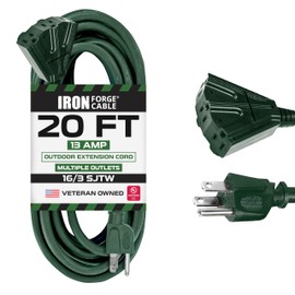 Iron Forge Cable 3 OutletOutdoor Extension Cord 20 ft, 16/3 Heavy Duty Green Extension Cord with Multiple Outlets 3 Prong, Weatherproof Exterior Power Cable Great for Outside & Lawn