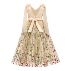 IDOPIP Flower Girl Embroidery Tulle Dress for Kids Wedding Bridesmaid Formal Party Pageant V-Backless Bowknot Gown Little Princess First Communion Long Maxi Dresses Apricot - Sleeveless 7-8 Years