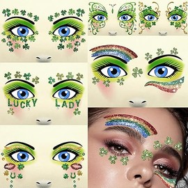 Yosca 6Pcs St Patricks Day Temporary Tattoos, Green Clover Face Stickers for St. Patrick's Day Glitter Makeup, Self Adhesive Shamrock Face Tattoos Art Sticker for Parade Irish Party Rave Accessories