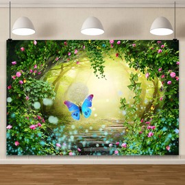 YongFoto 5x3ft Spring Forest Backdrop Enchanted Garden Pink Flowers Leaves Fairy Tale Wonderland Butterfly Misty Forest Jungle Photo Background Baby Shower Girl Birthday Party Kids Photo Prop