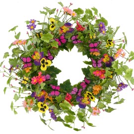 KORSMV 20 inches Artificial Spring Summer Wreath with Butterfly Yellow Pansy Flower Daisy and Ivy Leaves for Front Door Indoor Outdoor Home Farmhouse Porch Wall Holiday Decoration