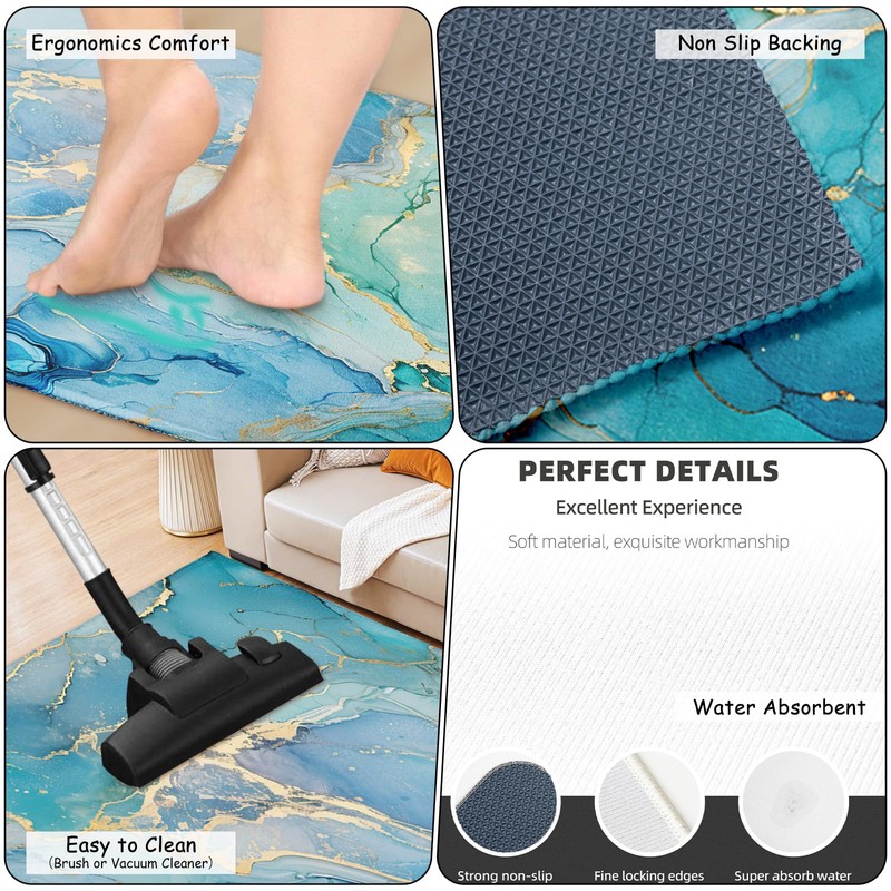 Teal Kitchen Rugs Sets of 2 Non Slip Blue Gold