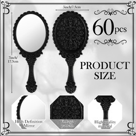 Suzile 60 Pcs Vintage Handheld Mirror Bulk Retro Hand Held Mirror Plastic Compact Travel Mirror Embossed Flower Decorative Mirrors for Vanity Makeup Home Salon Travel Use (Black)