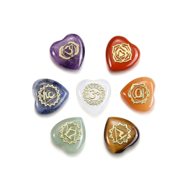 CrystalTears Chakra Stones Set of 7 Rune Stones Golden Symbols Heart Shape Gemstone Healing Spiritual Gift