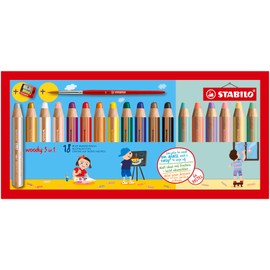 Multi-Talented Pencil - STABILO woody 3 in 1 - Pack of 18 - Assorted Standard and Pastel Colours with Sharpener and Paint Brush
