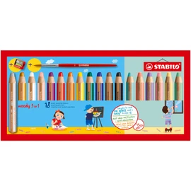 Multi-Talented Pencil - STABILO woody 3 in 1 - Pack of 18 - Assorted Standard and Pastel Colours with Sharpener and Paint Brush