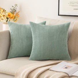 MIULEE Pack of 2, Corduroy Soft Soild Decorative Square Throw Pillow Covers Set Cushion Cases Pillowcases for Sofa Bedroom Couch 18 x 18 Inch, Greyish Green