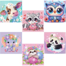 LKHMVCA 6 Pack Cartoon Diamond Painting Kits for Kids Beginners, Cute Animal DIY Diamond Art Kits for Kids, 5D Full Round Drill Big Gem Arts and Crafts, Home Wall Decoration 6x6 inch