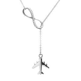 925 Sterling Silver Aeroplane and Infinity Chain - Adjustable Long Chain with Airplane Pendant and Cubic Zirconia Infinity Symbol - Gift Idea for the Traveller - Lisbon Model, rhodium, Cubic Zirconia