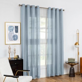 Melodieux Dusty Blue Semi Sheer Curtains 96 Inches Long for Living Room, Bedroom Faux Linen Light Filtering Grommet Privacy Sheer Drapes, 52 by 96 Inch, 2 Panels