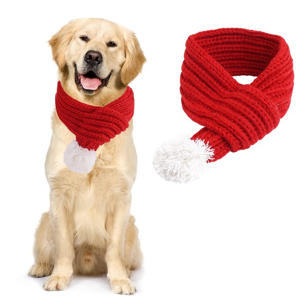 Cobee Christmas Dog Cat Santa Scarf, Dog Winter Knitted Scarf Pet Winter Neck Warmer Costume with White Pompom Ball Party Dressup Xmas Cute Decorate Gift Red(Large)