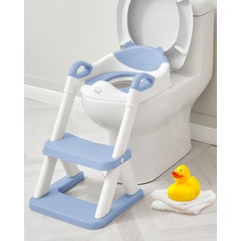 Forbena Boys Potty Training Seat with Step Stool Ladder, Toilet Potty Seat for Baby Boy Toddlers, Kids Chair Stairs with Handles and Soft Cushion (White and Blue)
