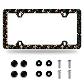 1 Pack Cute Bee Honey License Plate Frame Yellow Bees Floral Stainless Steel Car License Plate Accessory Personalize Decor 12.3" X 6.3" with Screw for Men Women