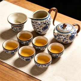 Chinese Tea Pot Sets,10 Pcs Portable Ceramic Cup for Tea, White And Blue Tea Kettle Set,Including 1 Teapot, 1 Tea Strainer, 7 Tea Cups, Asian Tea Sets For Adult,Home,gifing,Tea Lover And Office